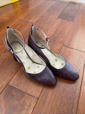 Boden Croc-Embossed Ankle-Strap Pumps in Plum